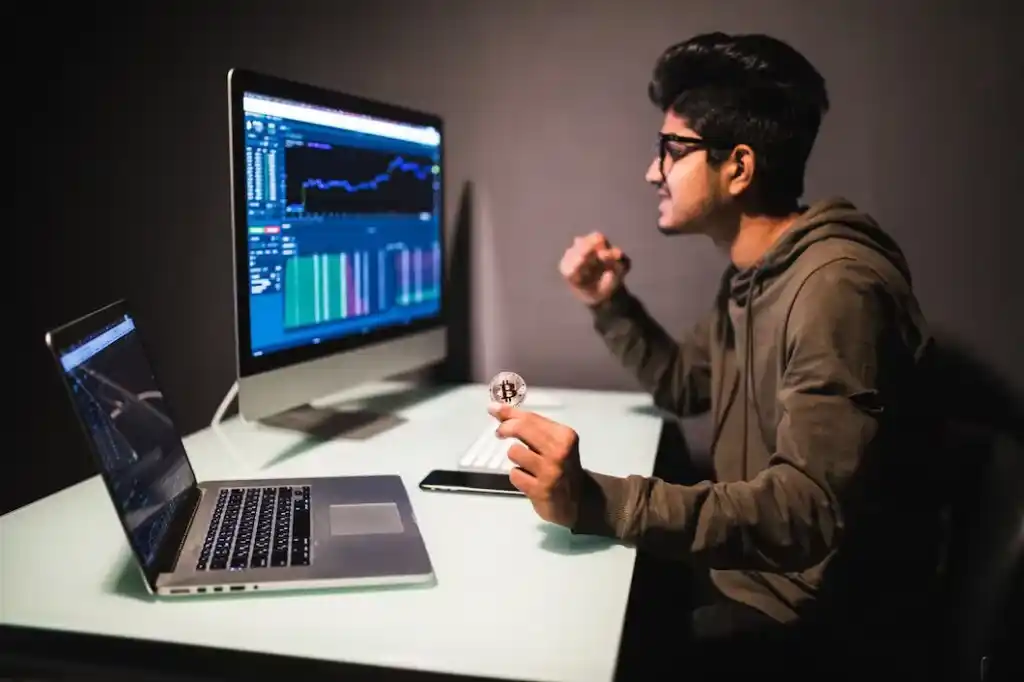trader with bitcoin checking stock
