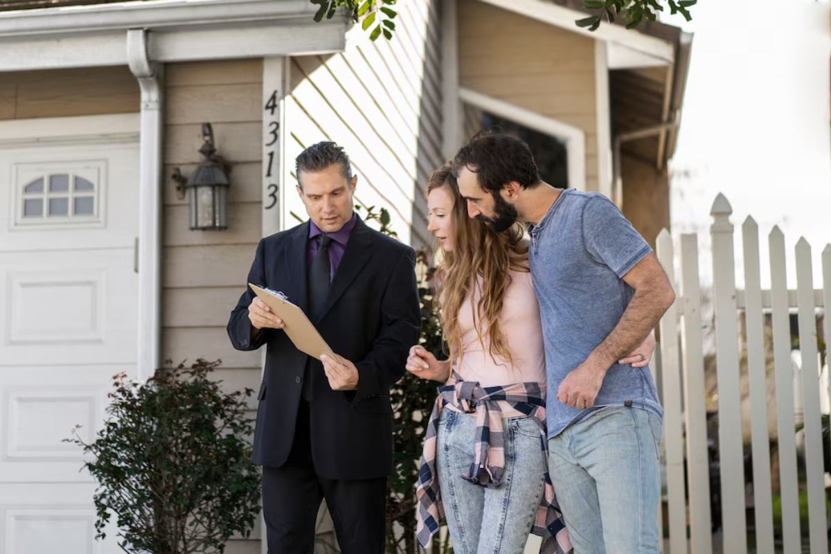 A real estate agent shows a clipboard to a couple in front of a residential house.