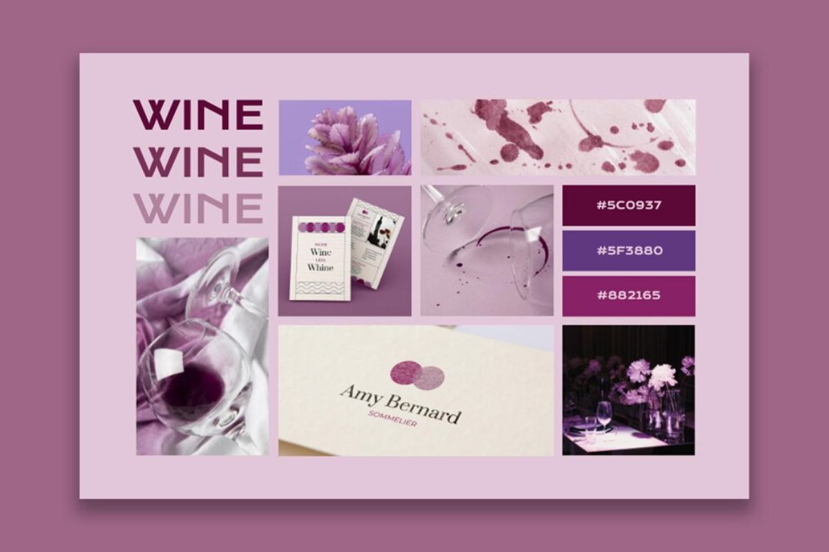 A collage featuring wine-themed images, color swatches