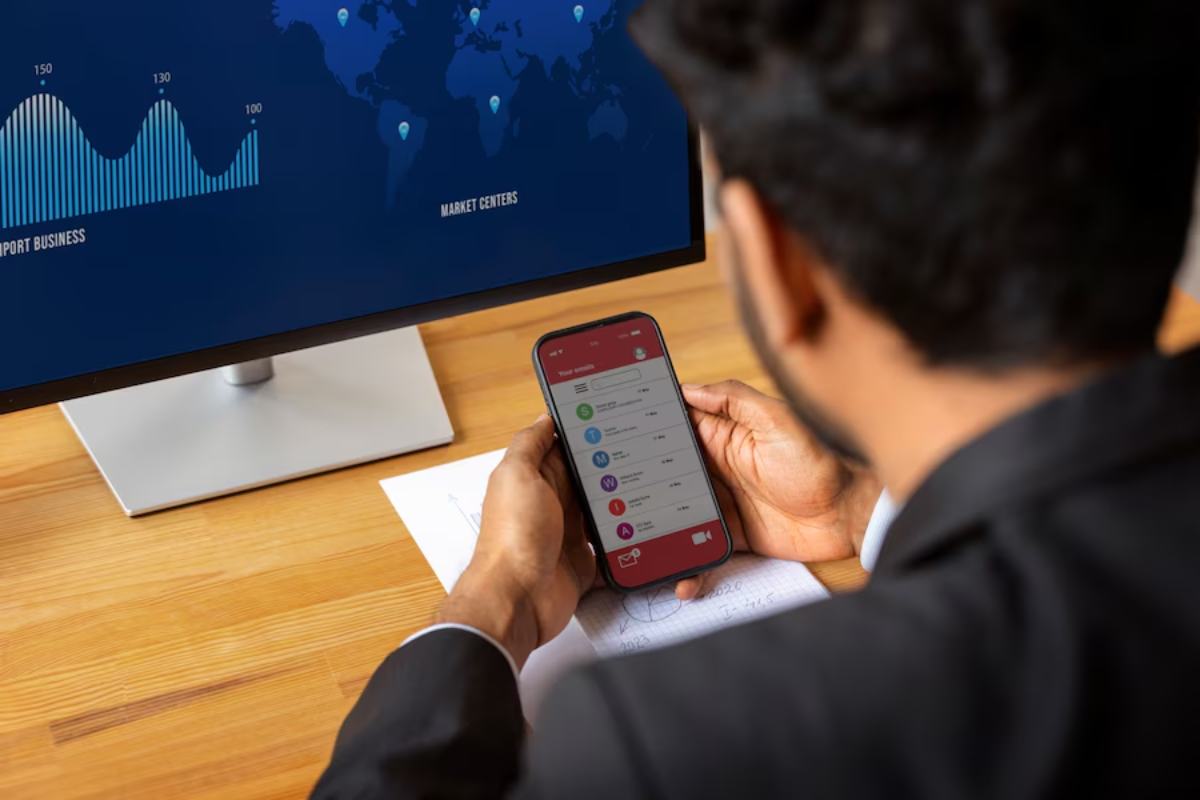 Businessman checking notifications on his smartphone with a computer screen showing business data in the background.